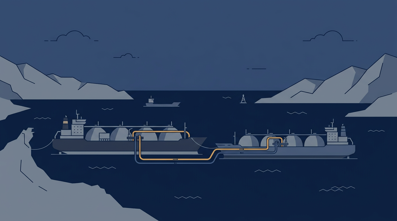 An LNG carrier at sea, potentially involved in a ship-to-ship transfer operation.