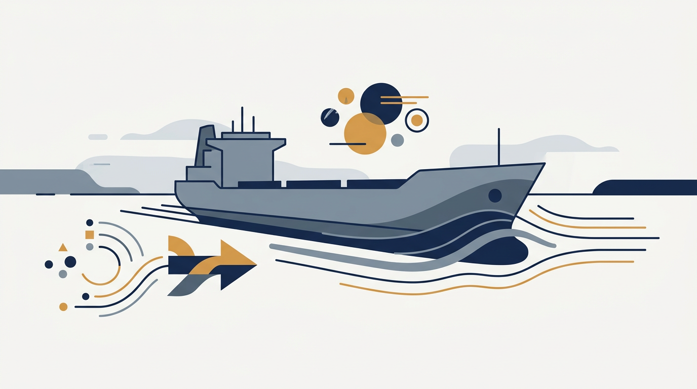 A conceptual drawing or rendering of a modern ship hull design, showcasing hydrodynamic lines.