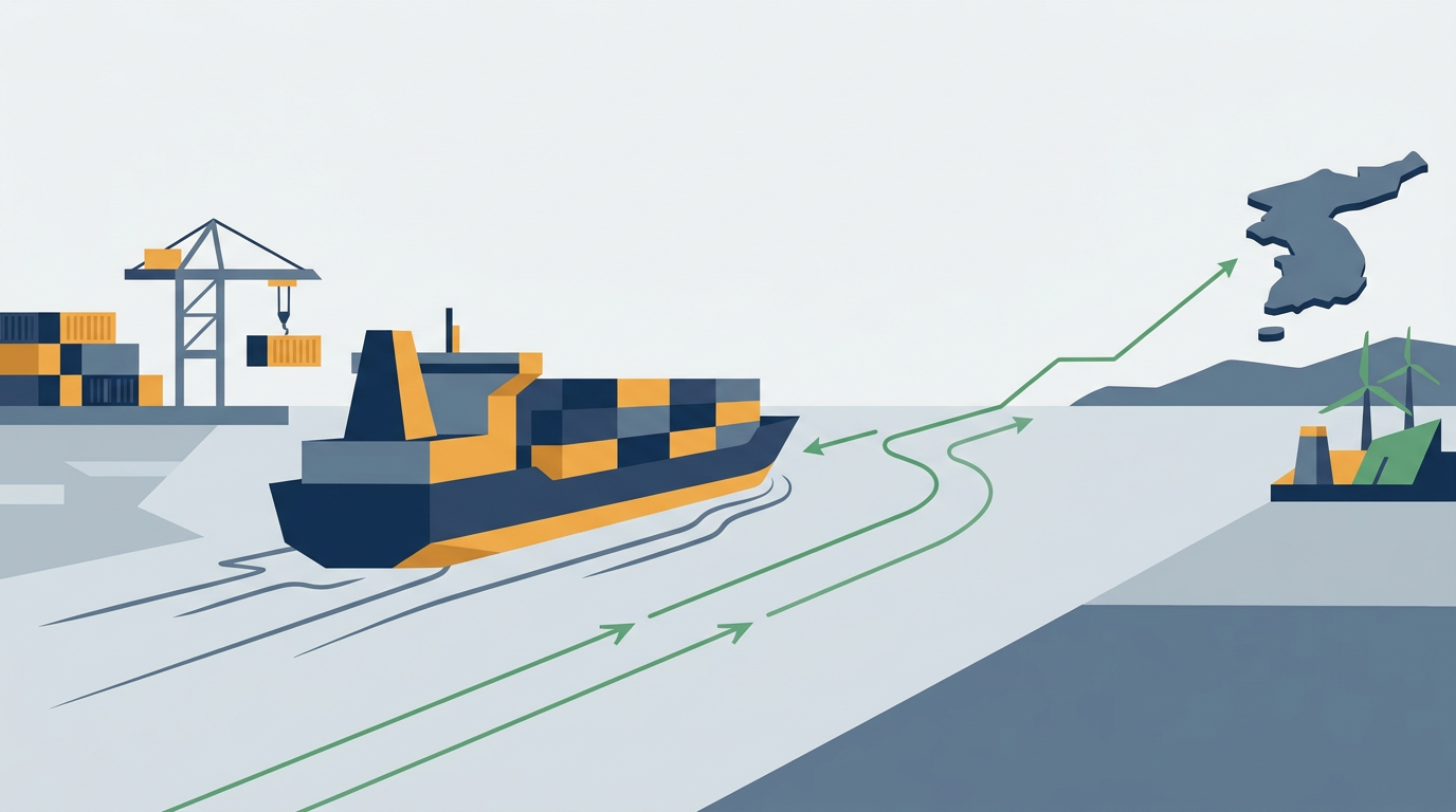 A modern cargo ship with a green hue, symbolizing environmentally friendly shipping practices and green fuels.