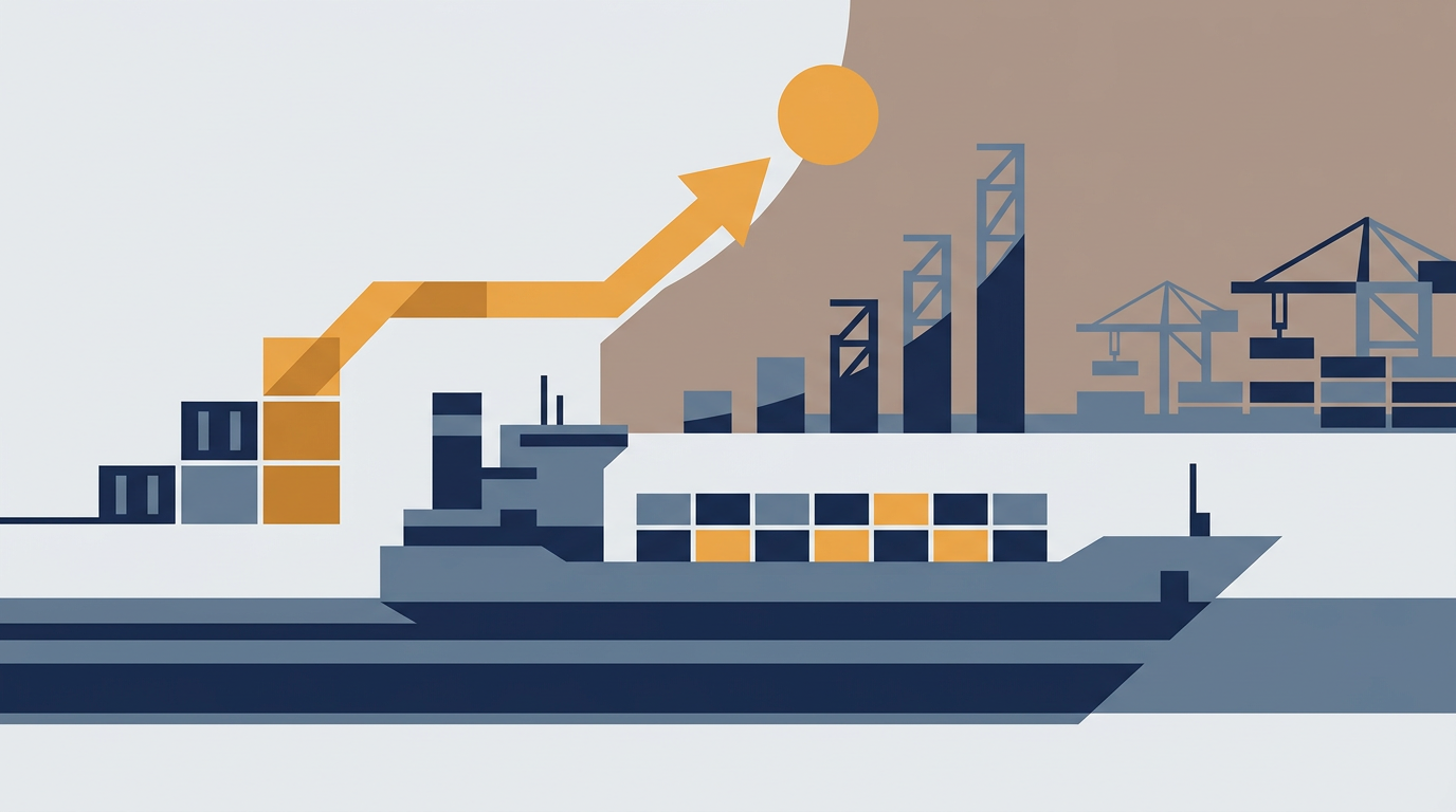 A large container ship navigating through calm waters, laden with numerous shipping containers.