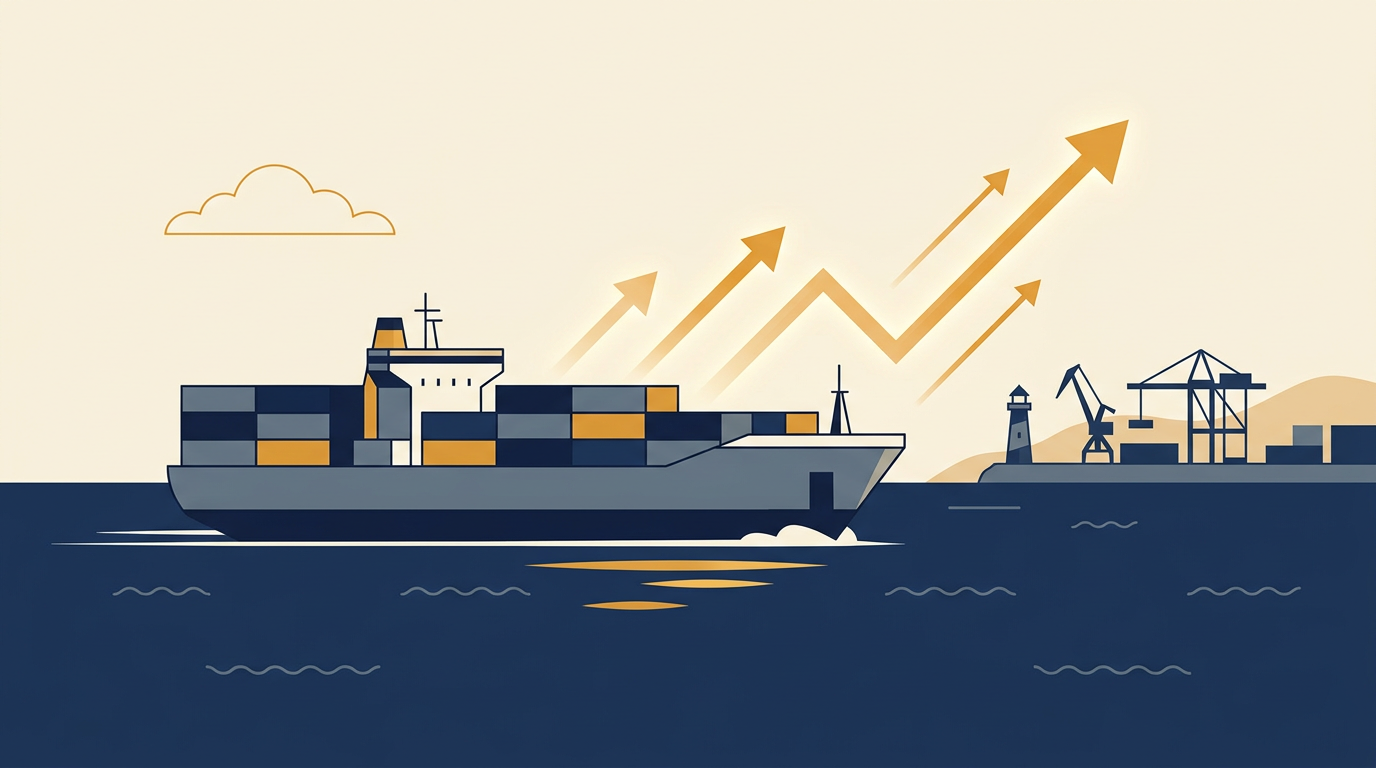 A large cargo ship sailing through calm waters, symbolizing maritime industry and sustainability efforts.