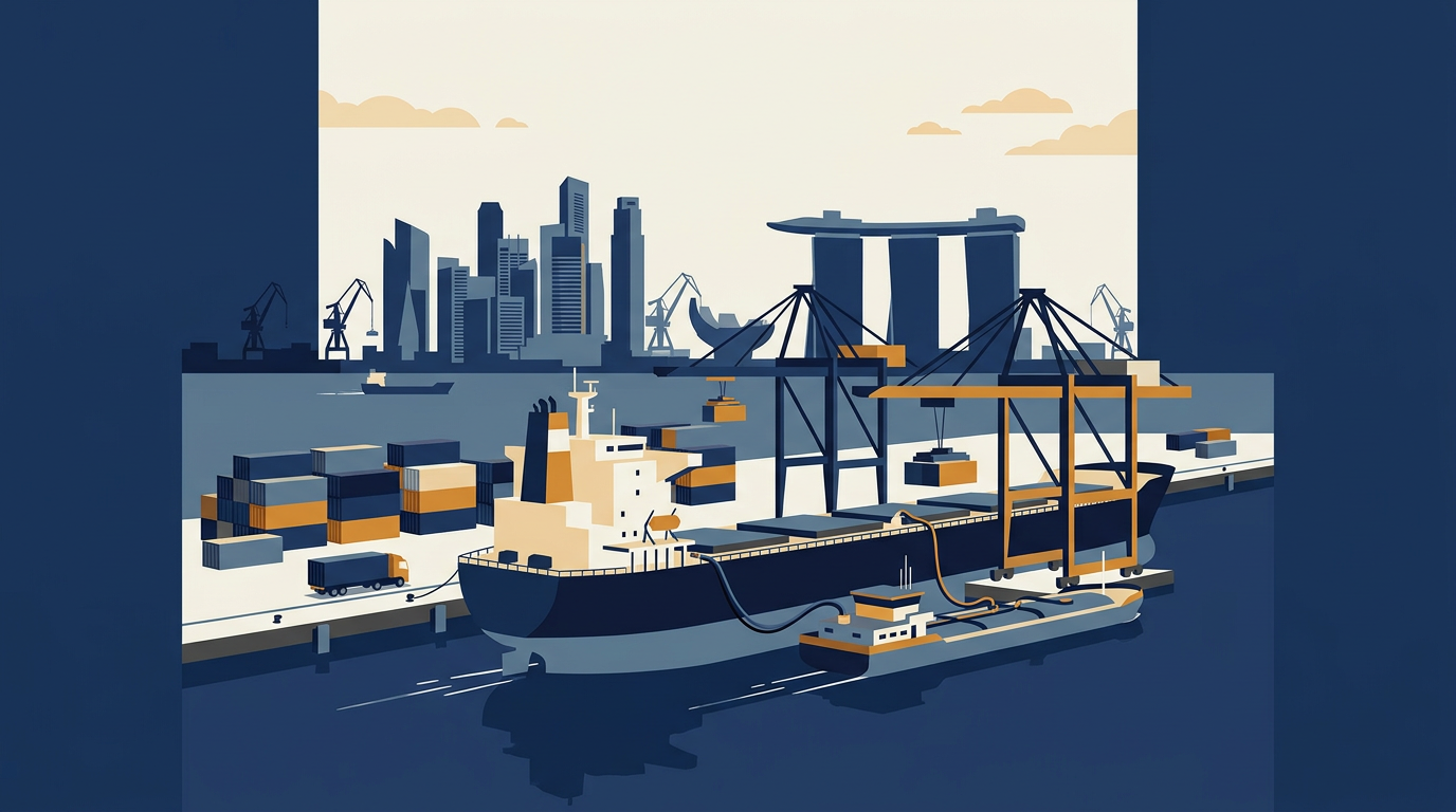 A large bunker vessel delivering marine fuel to a cargo ship in a port.