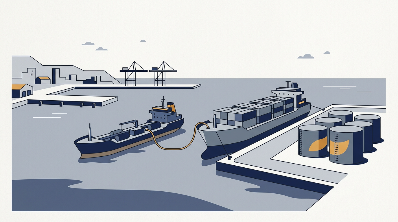 A large cargo ship being refuelled at a port terminal.