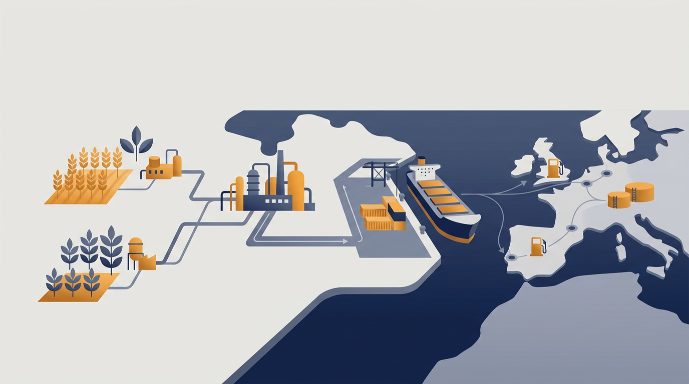 Biofuel production facility with storage tanks and pipelines