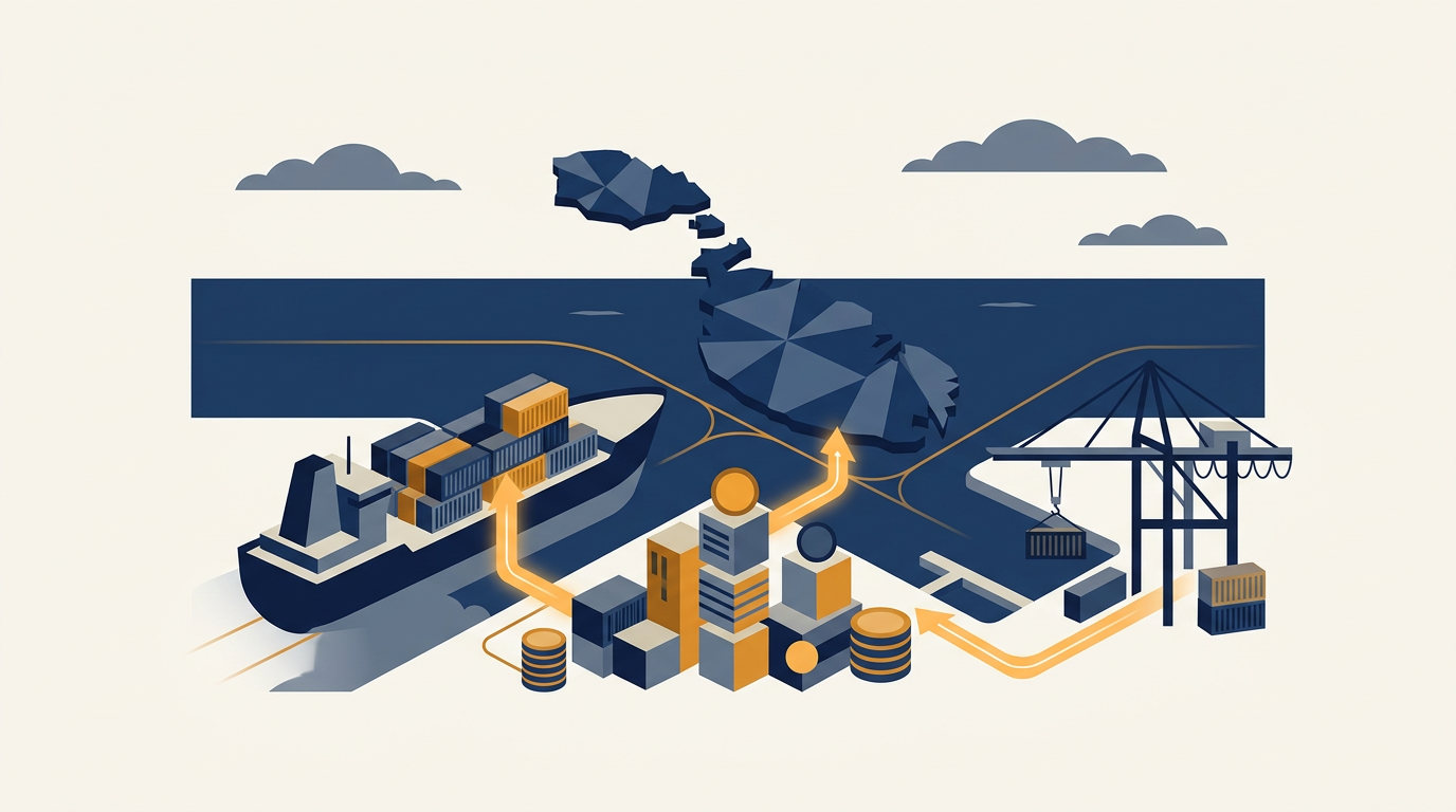 A cargo ship being loaded with commodities at a port terminal, representing global trade and logistics.