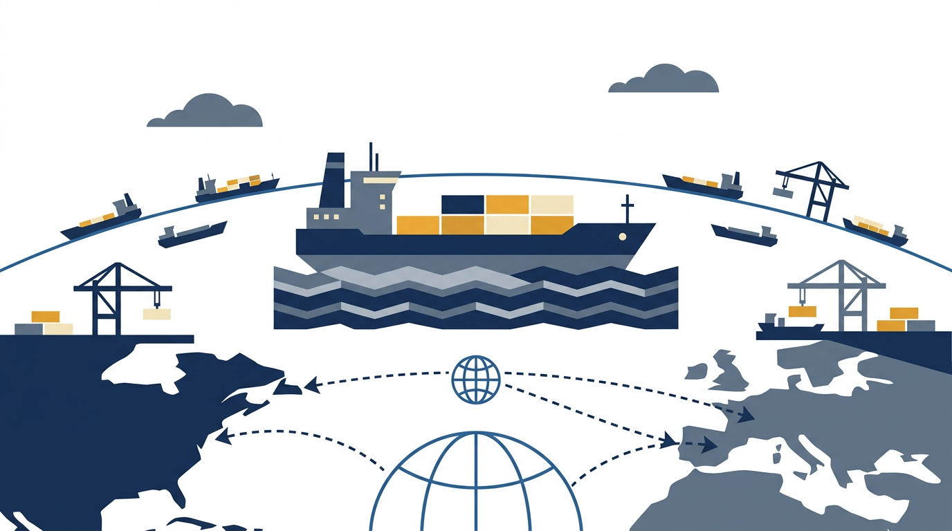 A cargo ship being loaded with commodities at a port, symbolising global trade.