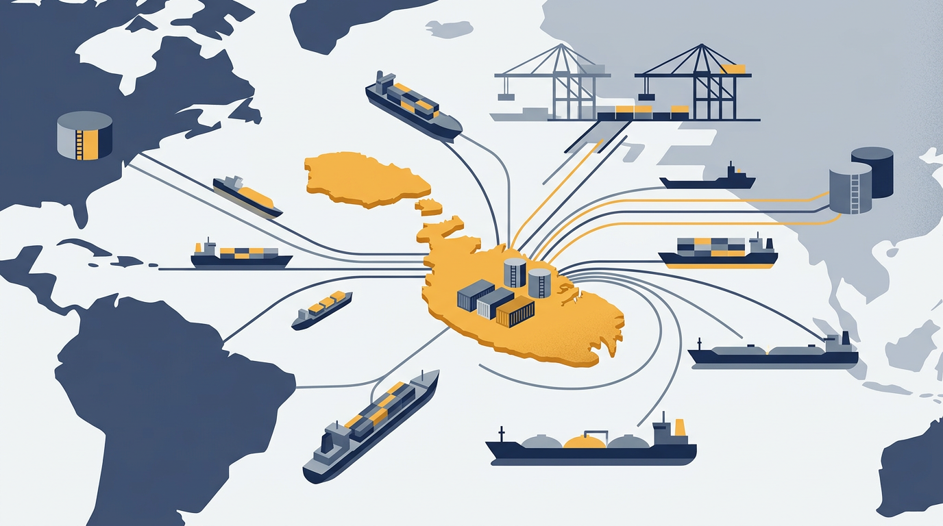 Aerial view of a port in Malta with cargo ships and industrial facilities