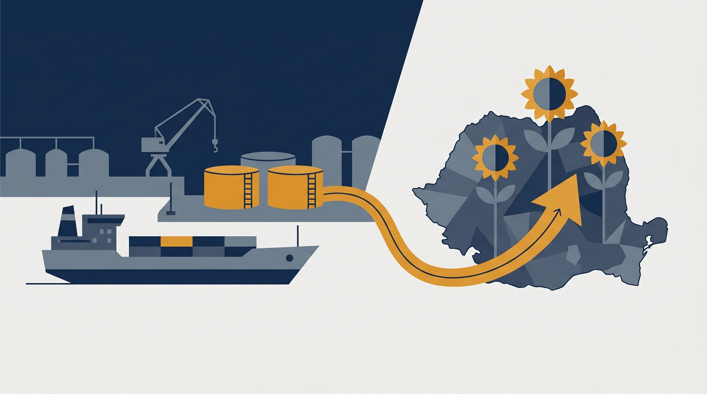 A ship at a port terminal, symbolising maritime trade and fuel logistics.