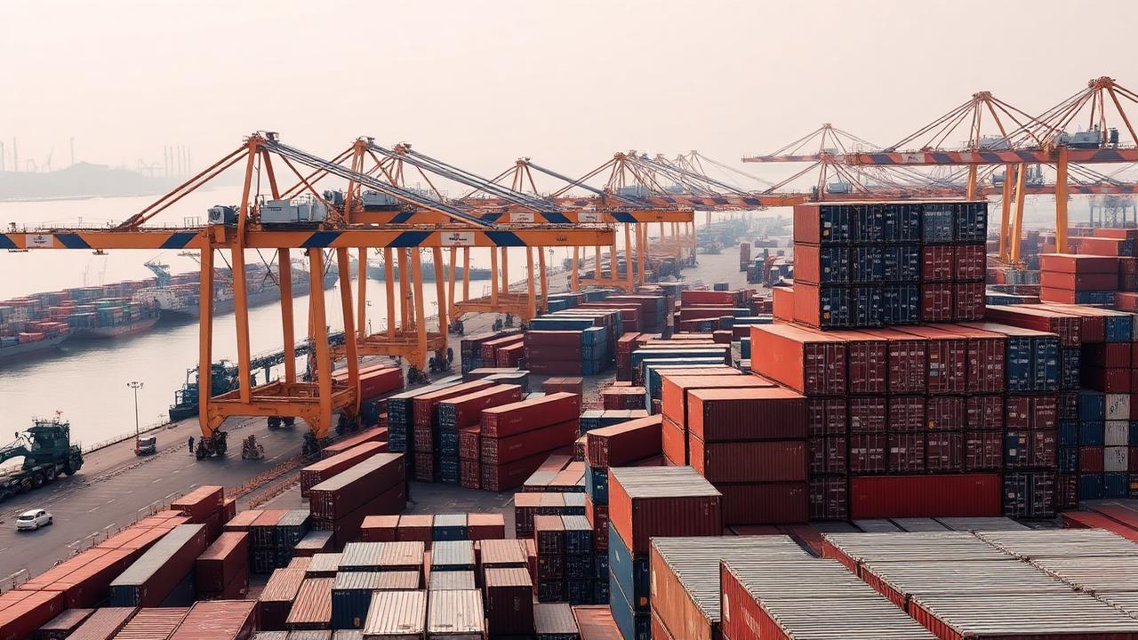 Container and bulk cargo moving through a busy port terminal